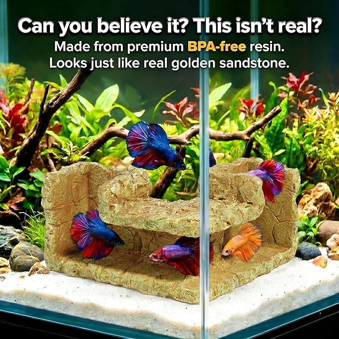 Aquarium Cave - Natural Resin Rock-Like Fish Tank Decorations & Accessories, 5.1” x 2” x 2.7” Safe Betta Hide & Tunnel for Guppy, Neon Tetra, Corydoras Catfish - Tank Decor