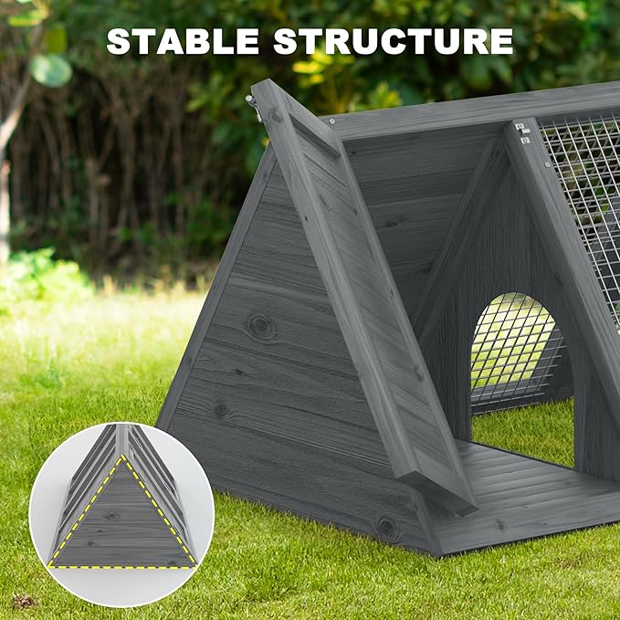 Small Chicken Coop, Rabbit Hutch Outdoor, Wooden Triangle Rabbit Cage with 2 Door & Poultry Run, Portable Bunny Hutch for Chicken, Rabbit, Guinea Pigs, Hedgehog, Small Animals (Modern Grey)