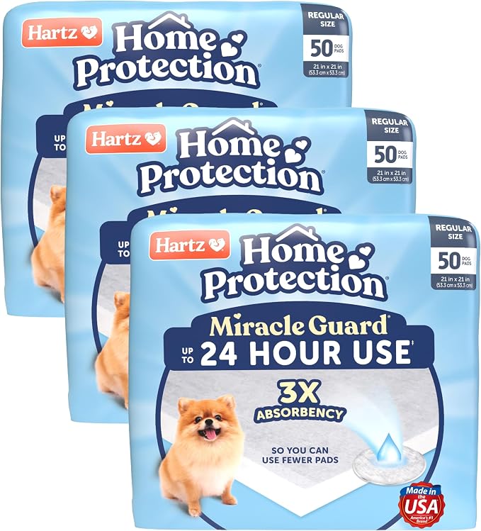 Hartz Miracle Guard Dog and Puppy Dog Pads Max Absorbency 24 Hour Use Odor Eliminating No Leaks, Regular Size 50 Count (Pack of 3)
