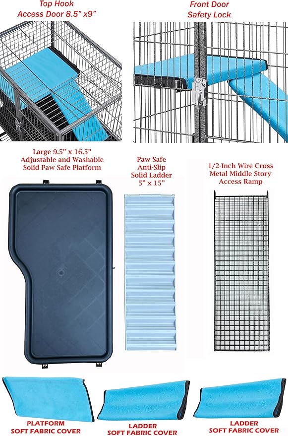 Large Two Full Story Deluxe Double Unit 4-Tiers Tight 1/2-Inch Bar Spacing Durable Front Doors Water Bottle Food Bowl for Feisty Ferret Squirrel Hammock Rat Gerbil Small Animal Critter Rolling Cage