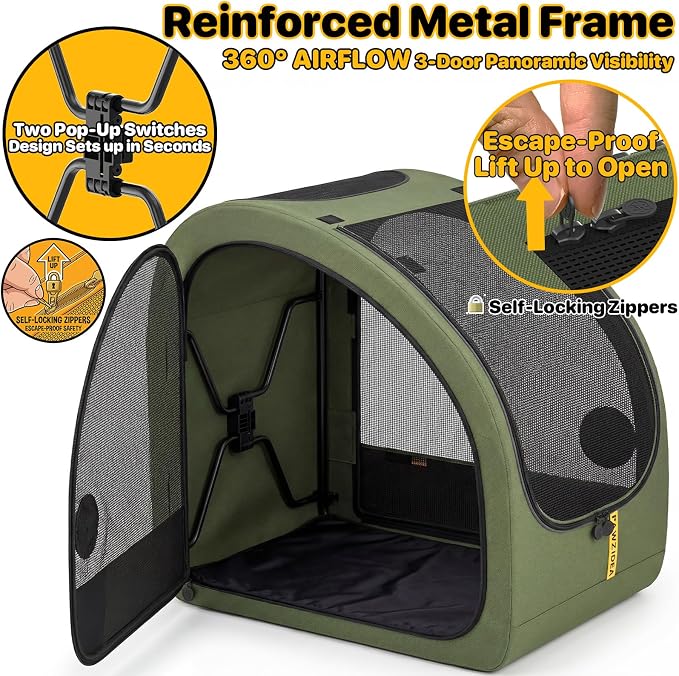 PAWZIDEA Portable Dog Crate for Car Travel, Medium & Large Dogs Up to 80lbs | Soft-Sided Dog Car Kennel for Backseat, Secures Seatbelt & Headrest Strap, Collapsible Enclosed Car Seat Carrier, Chew-Proof