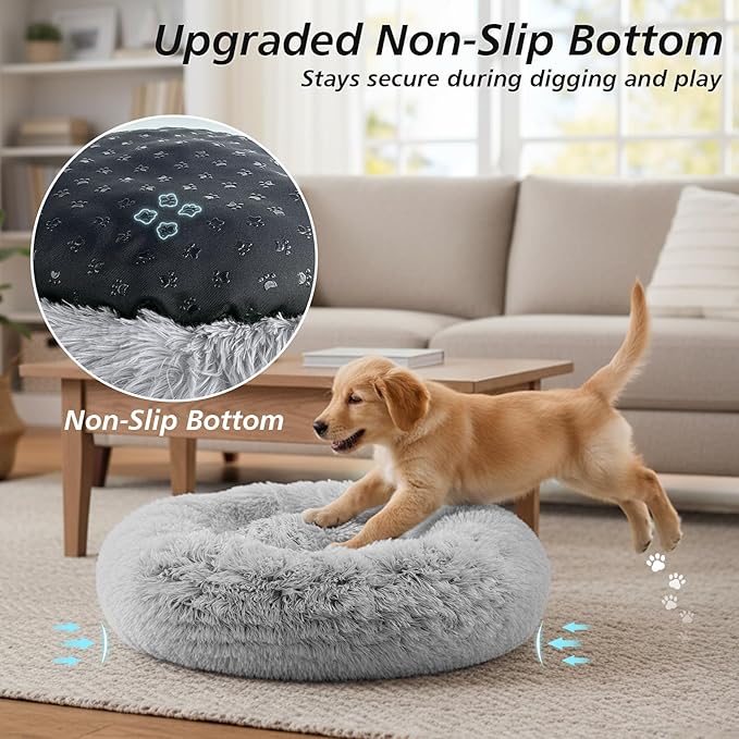 JOLLYVOGUE Calming Dog Bed for Small Dogs - 23 inches Donut Washable Small Dog Bed for Kittens & Puppies, Anti-Slip Round Fluffy Plush Faux Fur Cat Beds (Fits up to 25 lbs Pets, Grey)