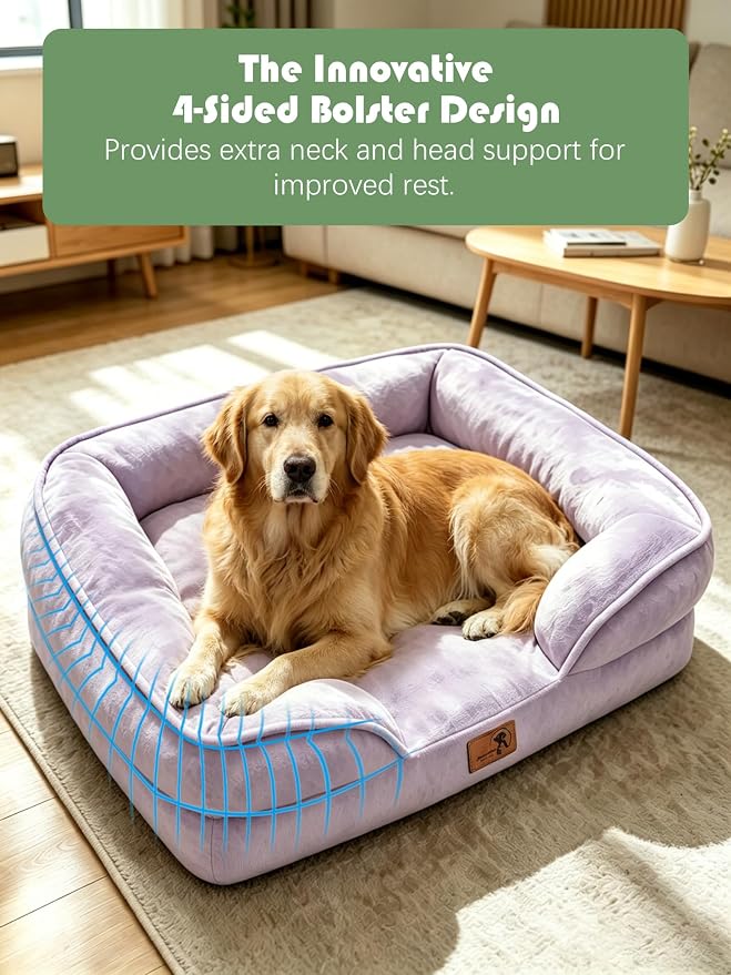 Spotted Play Orthopedic Dog Bed with Sides - Sofa Beds for Extra Large Dogs, Supportive Foam Pet Couch Bed with Washable Removable Cover, Waterproof Lining and Non-Slip Bottom, Purple - XL