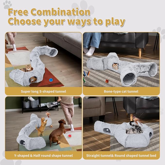 Cat Tunnels Bed with 1 Straight Tunnel and 20 Pet Toys - 5 Shapes DIY Indoor Cats Cave - Detachable Soft Cat Donut for Kitten Puppy Rabbit Ferret
