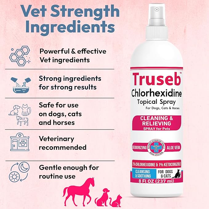 Pet Health Pharma Truseb Topical Ketoconazole and Chlorhexidine Spray for Dogs, Cats, and Horses with Essential Fatty Acids, Aloe and Vitamin E- 16 oz (Ketoconazole & Chlorhexidine Spray, 16 oz)