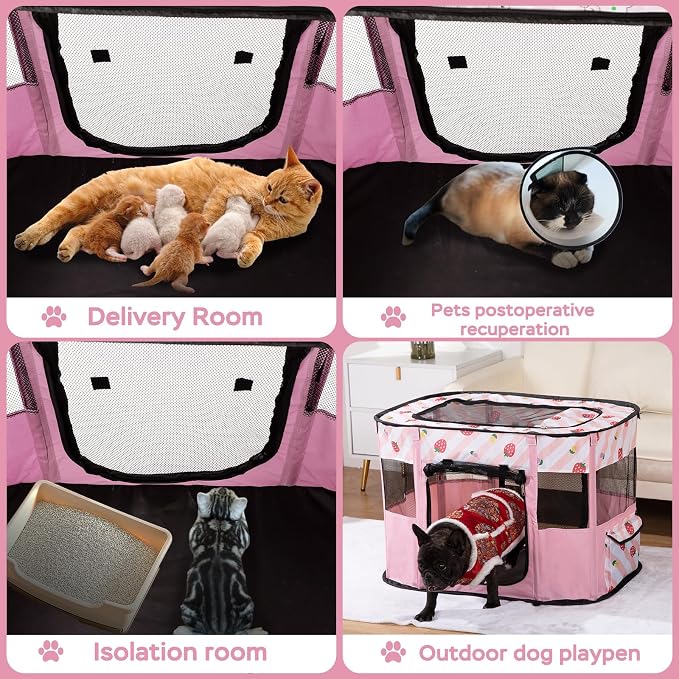 Dog and CAT pop Play Pen,Pets Houses for Dogs and Cats,Indoor&Outdoor Exercise Pen Dog Tent Puppy Playground Large (L, Pink) | Portable Dog Kennel with Upgrade Breathable Mesh，Sturdy Kitten Playpen Indoor & Outdoor for Rabbit or Small Animals，Pink