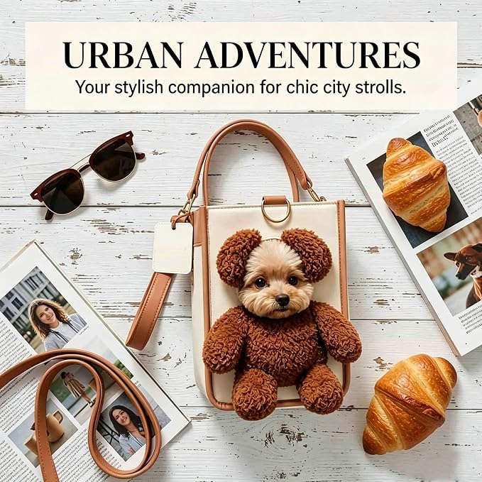 Teddy Bear Dog Carrier Bag, Teddy Carrier Bag for Dogs and Cats, Portable PU Leather Shoulder Tote with Plush Ears, Portable Convenient，White Brown Color Scheme L