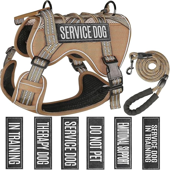 Service Dog Tactical Vest Harness and Leash Set Small Sized Dog Emotional Support- Tactical Dog Harness Training Collar with Name (Khaki, S)