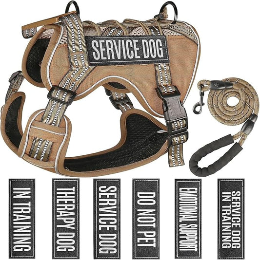 Service Dog Tactical Vest Harness and Leash Set Small Sized Dog Emotional Support- Tactical Dog Harness Training Collar with Name (Khaki, S)