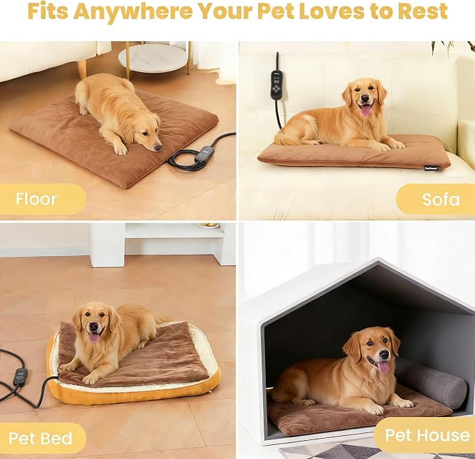 Upgraded Pet Heating Pad, 5 Adjustable Temperature & Timer, Chew-Resistant Electric Heated Dog Cat Bed, Auto Power-Off, Waterproof, 31.5" x 23.4"