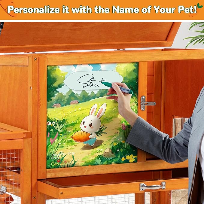 COZIWOW Large Wooden Rabbit Hutch Outdoor Indoor, 94.5" L 2-Level Bunny Cage for 2 or More Small Animals with Removable Tray & Multiple Entrances (Orange)
