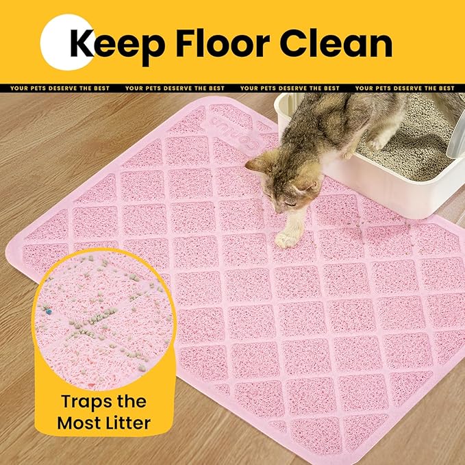 Conlun Cat Litter Mat Litter Trapping Mat, 35" x 23" Premium Durable PVC Grid Mesh with Scatter Control, Non-slip, Less Waste Cat Litter Box Mat, Pink