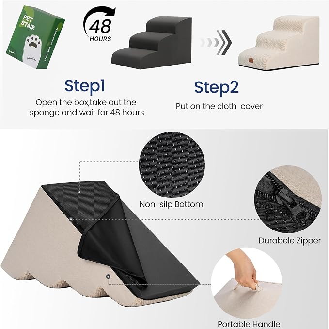 GoGoBunny Ramp Dog Stairs for High Beds 24.4" H, 5-Step Extra Wide Dog Slope Stairs with Durable Waterproof Fabric Cover, Pet Steps for Old Large Dogs Climbing, Non-Slip Sturdy Indoor Step, Beige