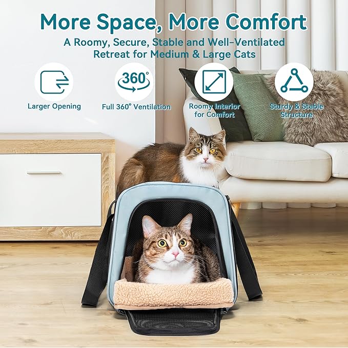 PETSFIT Large Cat Carrier with Patented Safety Buckles,Big Cats Up to 20 lb | Secure Carrier for Safe Driving, Lockable Zippers, Safety Tether, Travel Pet Carrier for Trips & Vet Visits, 19 x 12 x 12