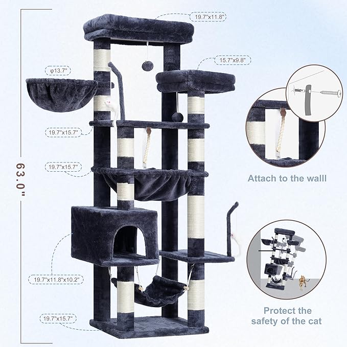 Gitelsnour Cat Tree, Cat Tower for Large Cats with 2 Big Platforms, 2 Baskets, condo and Toys, 63" Cat Scratching Posts for Indoor Cats, Smoky Gray GCT020G