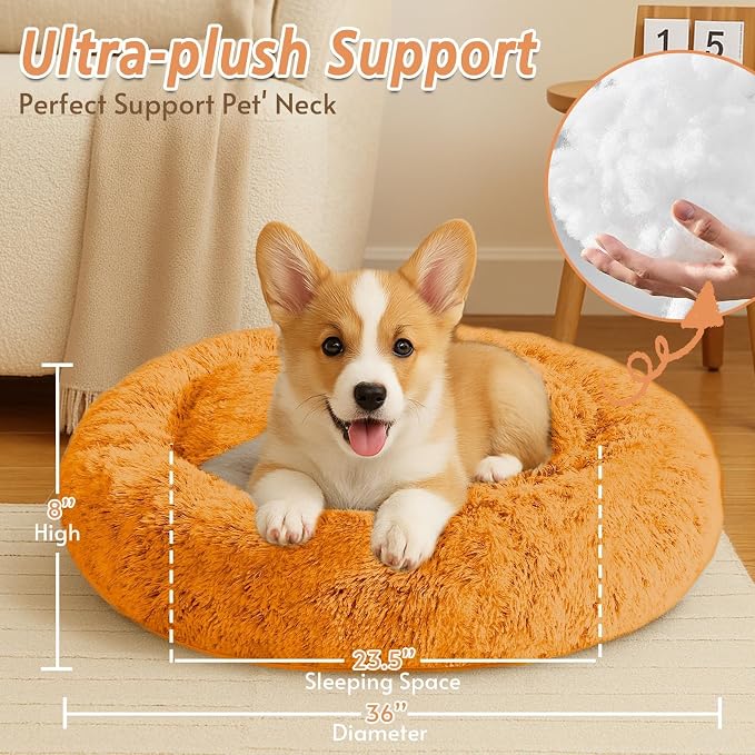 JOLLYVOGUE Calming Dog Beds Large Sized Dog, 36in Donut Washable Large Pet Bed, Anti-Slip & Anti-Anxiety Fluffy Faux Fur Round Dogs Bed, Fits up to 80 lbs Pets (Orange)