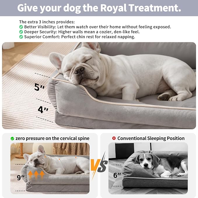 FAIRYPET Orthopedic Dog Bed for Medium to Large Dogs & Cats, Memory Foam Dog Bed with Washable Removable Cover, Top-Grade Dutch Velvet Fabric Pet Sofa Couch for Crate with Nonskid Bottom, Grey
