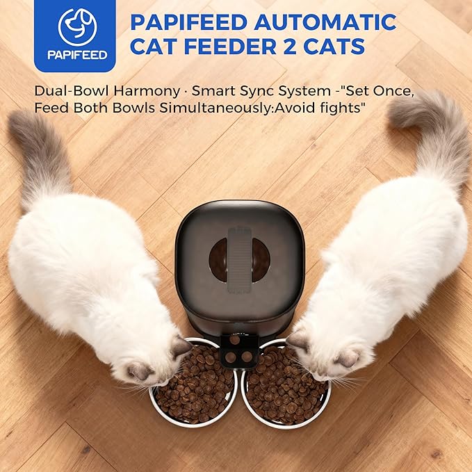 PAPIFEED Automatic Cat Feeder for 2 Cats, 7L Large Capacity Food Dispenser for Multiple Pets, Timed Cat Feeder for Dry Food, Detachable for Easy Cleaning, Up to 12 Portions 6 Meals Per Day - Black