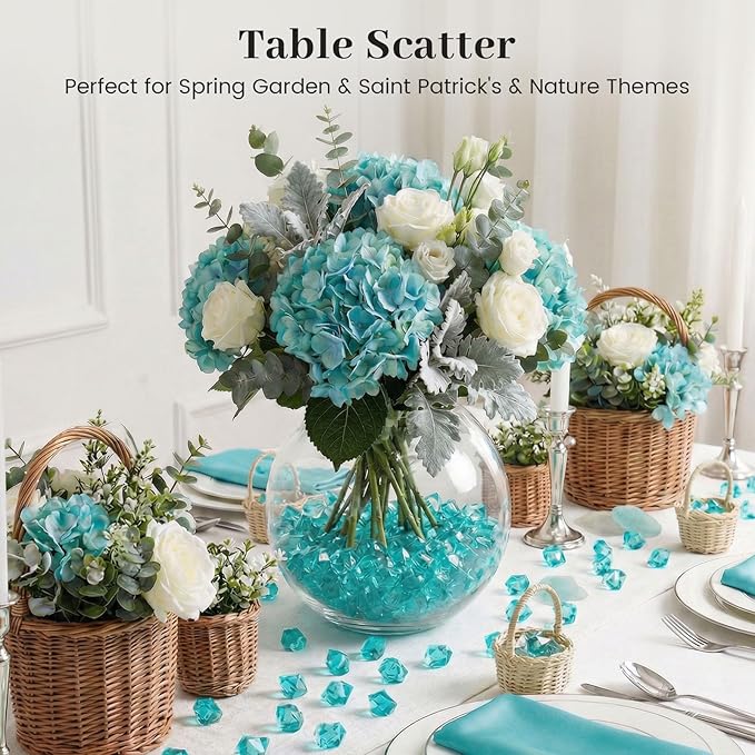 DomeStar Teal Fake Ice Rocks, 150PCS Acrylic Gems Crystals Plastic Shamrock Diamonds Centerpiece for Vase Fillers DIY Craft Wedding Party Table Scatter Decorations