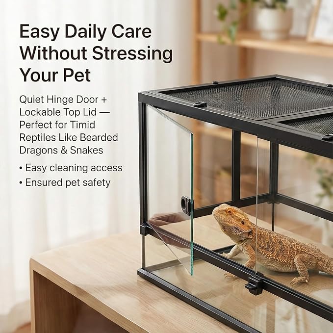 40 Gallon Reptile Tank: 36x18x18 Front Opening Reptile Enclosure with Door Lock Glass Terrarium with Three-Sided Screen Ventilation - Large Bearded Dragon Tank for Snake Turtle Gecko Lizard