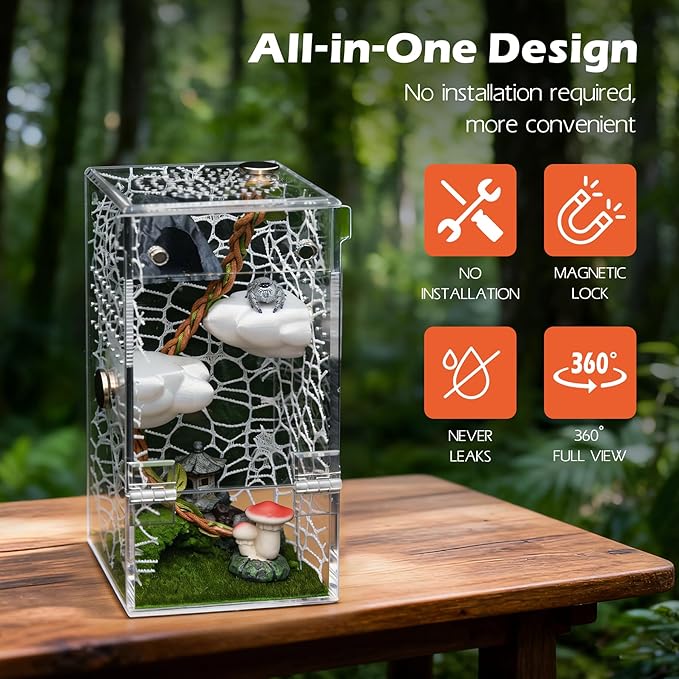AZV Small Jumping Spider Enclosure Clouds Kit,Escape Proof Praying Mantis Habitat,Magnetic Door Arboreal Tarantula Terrarium Ventilation Spider Cribs,Transparent Acrylic Reptile Tank,Bug,Snail House
