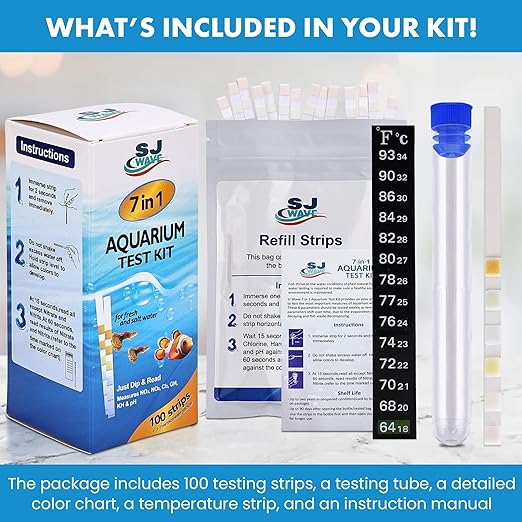 7 in 1 - Aquarium Test Strips | 100 Fast & Accurate Strips | Fish Tank Aquariums Water Test Kit & ebook | Aquarium Thermometer | Fish Tank Water Testing Kit for Fresh & Saltwater | Versatile Usage