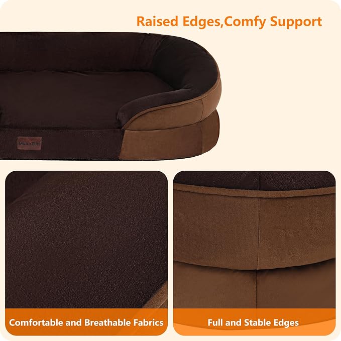 Dwanton Orthopedic Dog Bed for Large Dogs with Gel Memory Foam, Waterproof Dog Sofa, Washable Pet Bed with Four Sided Bolster Cushion, Removable Cover & Non-Slip Bottom, 42", Brown