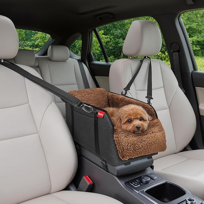 Center Console Dog Car Seat for Small Pets to 11lbs, Brown | Anti-collapse armrest Console seat with washable fluffy cushion, pillow & tether for stable, cozy pet travel trips.
