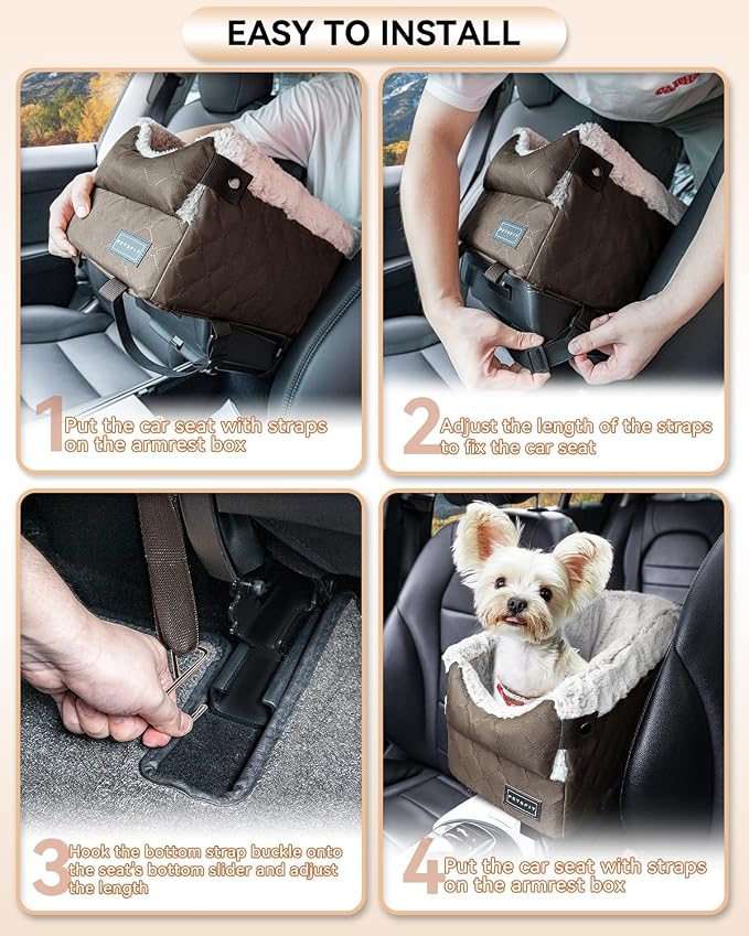 PETSFIT Dog Console Car Seat with Dual Adjustable Seat-Rail Anchor Hooks | Anti-Collapse Leather Armrest Booster Carseat with Safety Tether, Washable Cushion, Soft Pillow for Pets Under 8 lbs,Coffee