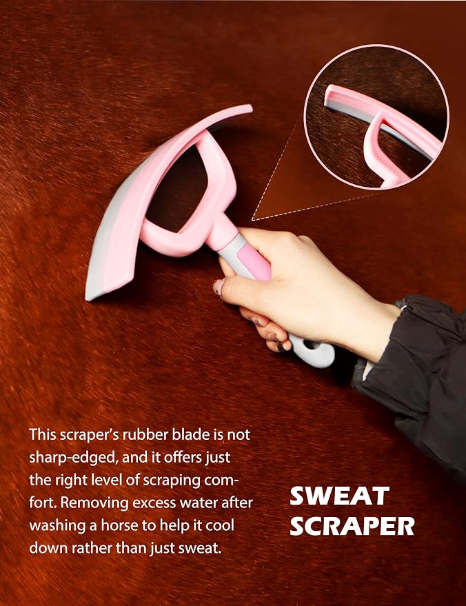 Harrison Howard Horse Grooming Kit 9 Piece with Tote, Non-Slip Silicone Grip Brush Set for Horses, Shedding Bathing Daily Care, Beginner Friendly Pink