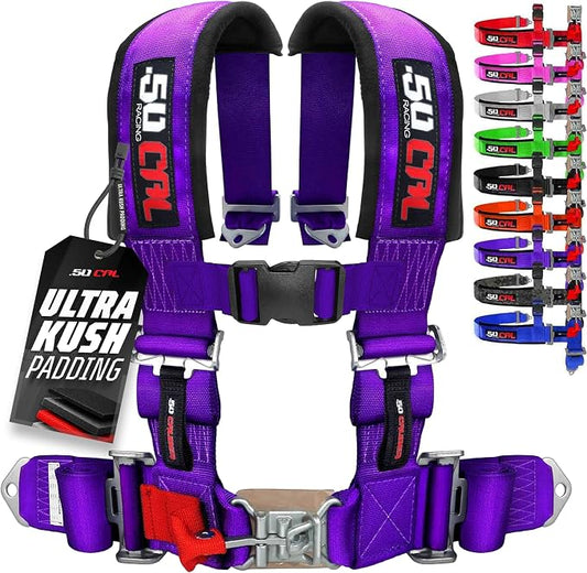 1pc 50 Cal Purple 4 Point Harness 2" straps, Racing Harness Seat Belt | Ultra Kush padding, Push Button quick release hardware. Universal Fit for UTV, RZR, race car