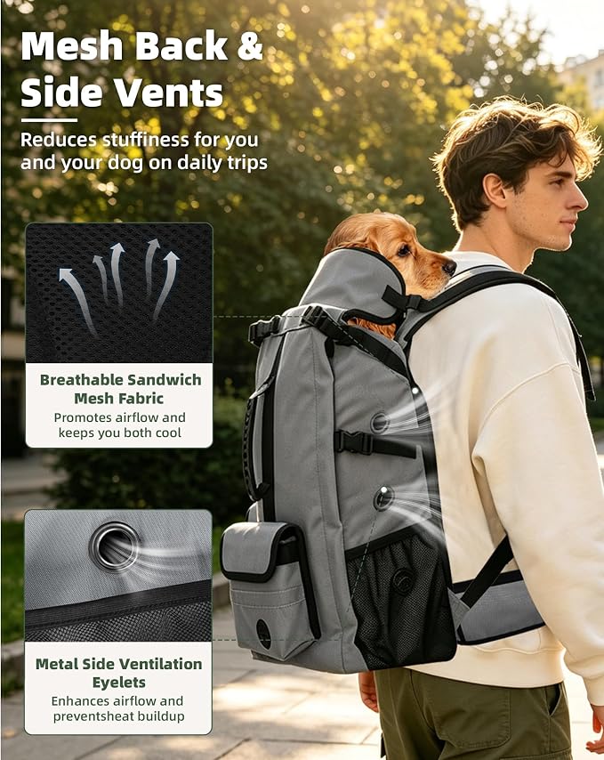 Breathable Dog Hiking Backpack Carrier for Medium Dogs, Grey | 4-Layer Protection, Adjustable Dog Backpack with Storage Pockets, Reflective Strips, 3D Ergonomic Support, Under 33 lb