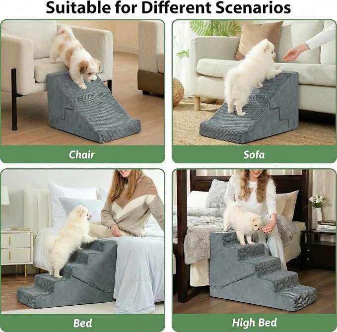 Dog Stairs for Small Dogs 22" H, 2-in-1 Transformable 5-Step Pet Stairs and Ramp, Dog Steps for Bed with Non-Slip Bottom and Washable Cover(Gray)
