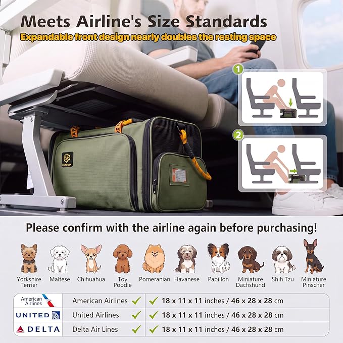 PAWZIDEA Expandable Pet Carrier for Small Cats & Dogs, TSA Airline Approved | 18"×11"×11" Soft-Sided Small Dog Travel Bag, Collapsible Top-Load Cat Carrier for 2 Cats Under Seat, Puppy Car Seat Up 15lbs