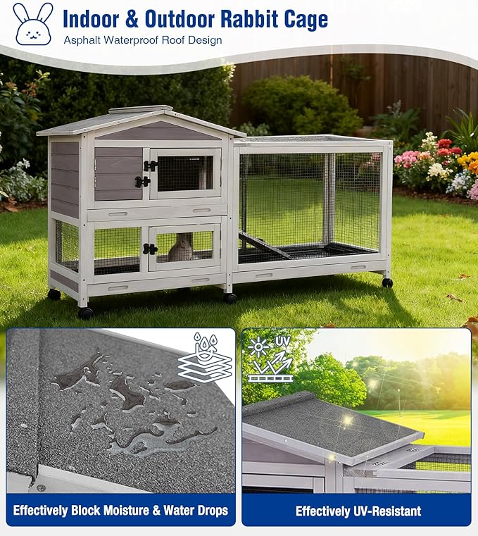 Large Rabbit Hutch Indoor, Bunny Cage Outdoor with Chew-Proof Ramp, 2-Story Guinea Pig Cages with 6 Wheels, 3 Pull-Out Trays, Waterproof Asphalt Roof, 62" L - Grey