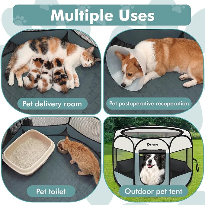 Persure Dog Cat Pet Playpen Puppy Crate Cage for Indoor Outdoor Travel | Nursing Rest Zone Recovering Pet Quarantine Room Portable Pop Up Easy to Set up lightweight Carrying Bag(Grey with Pad,Large）