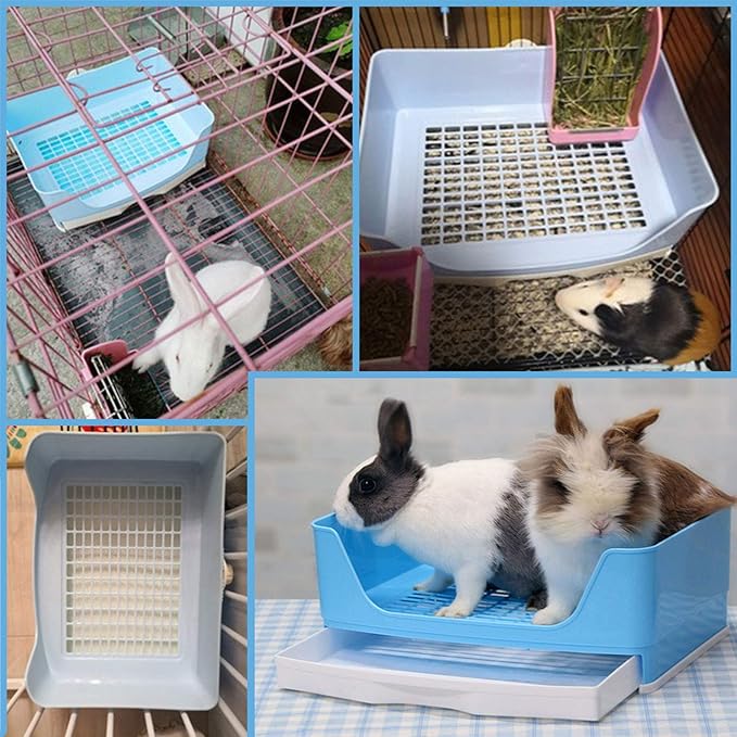 PINVNBY Large Corner Rabbit Litter Box with Drawer,Bigger Potty Trainer Pan for Adult Bunny Guinea Pig Chinchilla Ferret Small Animals(Blue)