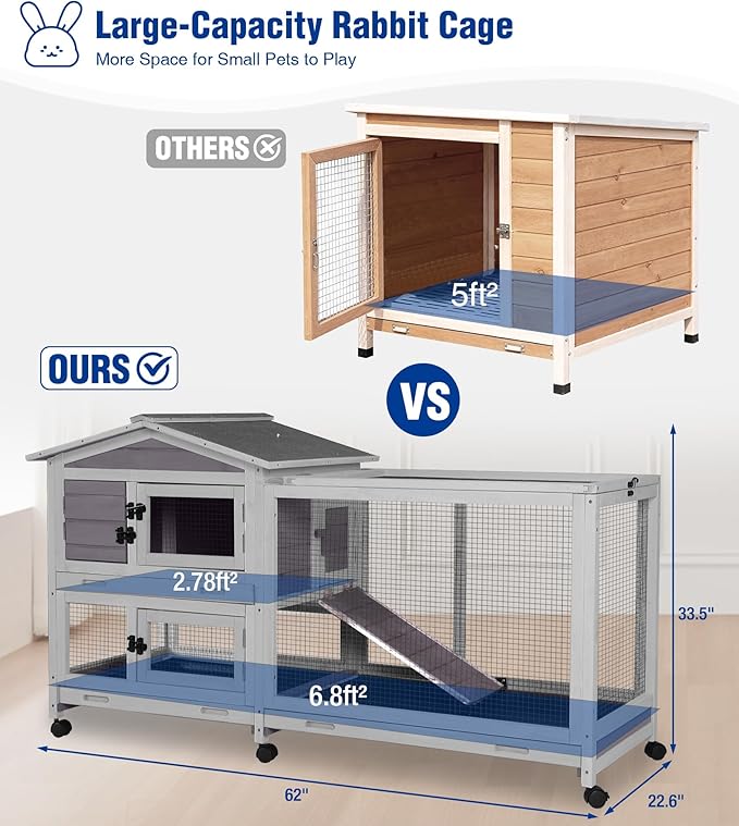 Large Rabbit Hutch Indoor, Bunny Cage Outdoor with Chew-Proof Ramp, 2-Story Guinea Pig Cages with 6 Wheels, 3 Pull-Out Trays, Waterproof Asphalt Roof, 62" L - Grey