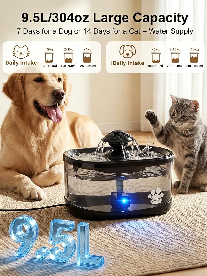 Kastty 9.5L Dog Water Fountain,Large Pet Water Fountain for Dogs Inside | 2.5Gal Quite Dog Water Bowl Dispenser with Water Window & LED,Dog Water Bowl with Multi-Filtration for Pets(FS82,Black)