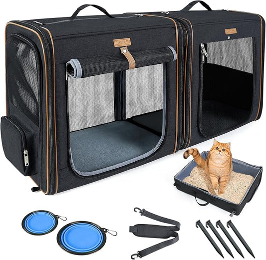 Lekereise Extra Large Cat Carrier for 2 Cats, 2-in-1 Cat Travel Carrier with Litter Box, (20.85" x2) x19.7"x19.7" Pet Carrier with Zipper Locks for Moving Across The Country (No Hammock) - Black