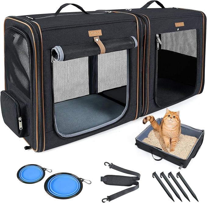 Lekereise Large Cat Carrier for 2 Cats, 2-in-1 Cat Travel Carrier with Litter Box, (17.7" x2) x16.5"x13" Pet Carrier with Zipper Locks for Moving Across The Country (No Hammock) - Black