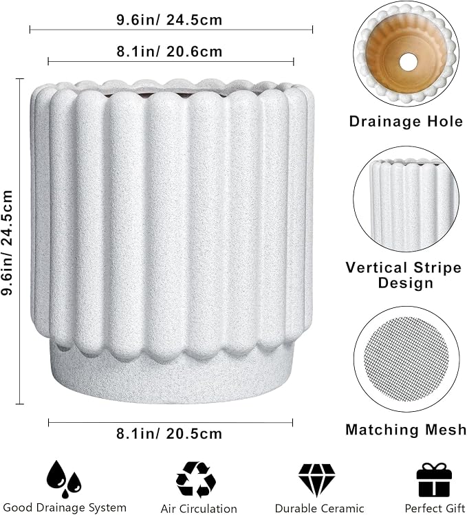 Ceramicfor Ceramic Plant Pot, 9.6 Inch, White | Drainage Hole, Round Flower Pot, Modern Fluted Design, Indoor & Outdoor Use