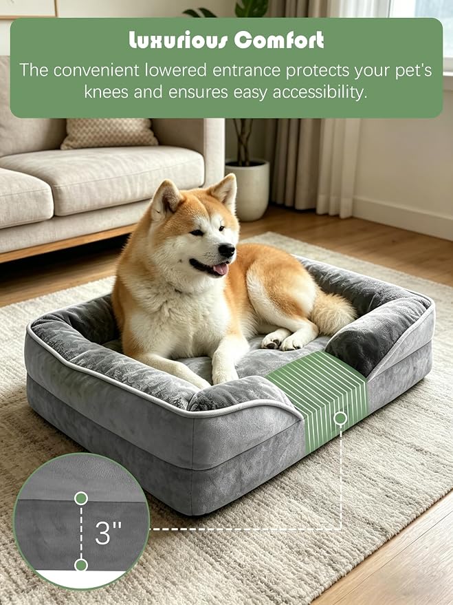 Spotted Play Orthopedic Dog Bed with Sides - Dog Sofa Beds for Extra Large Dogs, Supportive Foam Pet Couch Bed with Washable Removable Cover, Waterproof Lining and Non-Slip Bottom, Grey - XL-Plus