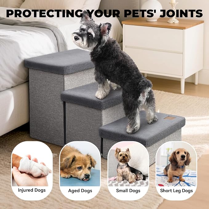 Zerbuger Dog Stairs with Storage, Grey Furry Lids 3 Steps Dog Ramp no Condo | 18" H Wider Dog Steps for High Beds Couch, Folding Storage Pet Stairs Gift for Climbing Small/Medium/Large Old Dogs Cats