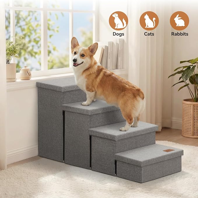 Zerbuger Dog Stairs with Storage, Grey 4 Steps Dog Ramp no Condo for Bed | 23" H Wider Dog Steps for High Beds Couch, Folding Storage Pet Stairs Gift for Climbing Small/Medium/Large Old Dogs Cats