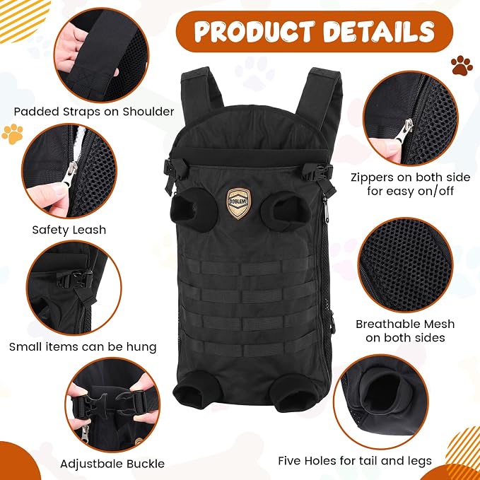 Dog Carrier Tactical Backpack for Medium Large 26-40lbs, Dog Soft Hands-Free Legs Out Pet Cat Front Carrier Backpack Facing Travel Bag for Outdoor Traveling Hiking Camping Bike(Black)