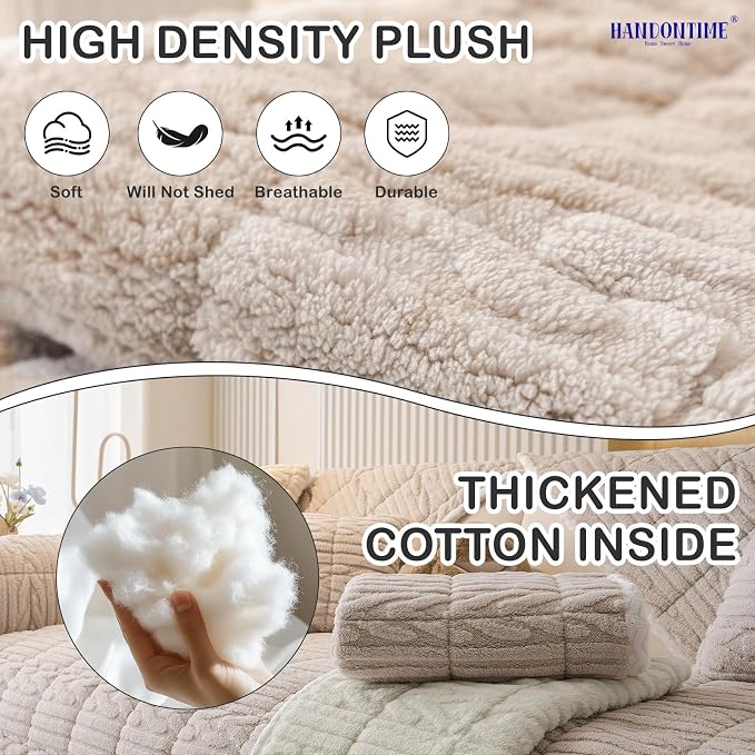 HANDONTIME Dog Couch Cover Protector, Fuzzy Couch Cover for Dogs Washable, Non Slip Geometric Jacquard Sofa Covers for 3 Cushion Couch Sofa Protector Pet Friendly Pets Mat(Khaki, 35.4" x 94.5")