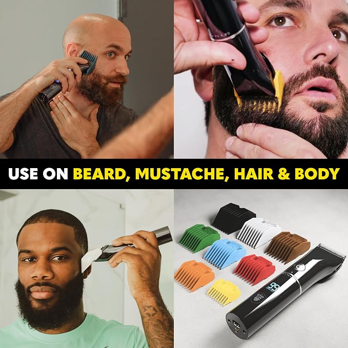 The Beard Club Beard Trimmer for Men - Electric Cordless Rechargeable Beard & Hair Trimmer - High Power 7000 RPM - 8 Color Guides 45 Unique Trim Lengths - Travel Lock