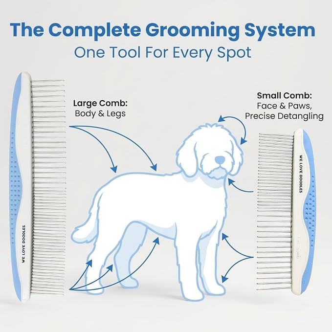 We Love Doodles Dog Grooming Comb Set & Large Dog Slicker Brush Bundle - Grooming Comb & Long Pin Brush for Dogs Kit - Removes Tangles & for Dematting - Brush for Shedding - Made in USA