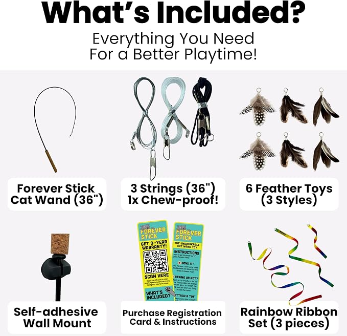 Forever Stick with Cat Toys and Strings Bundle - The Unbreakable Cat Wand Toy, Durable Cat Toy Wand, Extra Long Cat String Toy, Cat Fishing Pole Toy for Bored Indoor Adult Cats, Cat Stick Toy